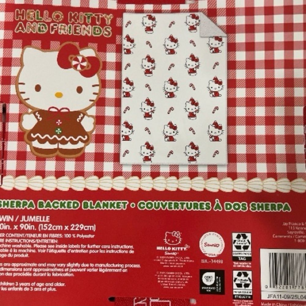NWT Hello Kitty Christmas Candy Cane Red and White Twin Blanket 60”x 90” - Picture 2 of 3